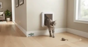 Durable and secure wall-mounted cat door engineered to provide safe passage between rooms for indoor cats.
