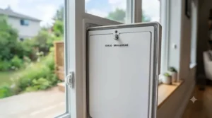 Close-up illustration of a secure, lockable panel on a cat door for sliding windows to ensure home safety.