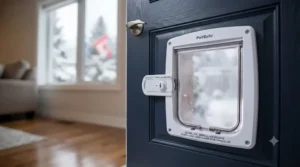 Close-up of a sliding security lock panel on a cat door for exterior door to keep unwanted wildlife out at night.
