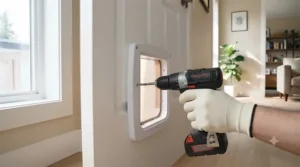 Fastening the mounting screws securely to lock the cat door for an interior door in place.