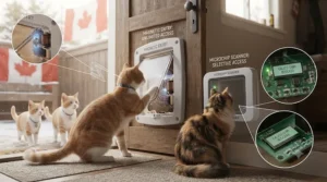 A multi-cat Canadian household using a selective-access microchip cat door to keep one cat indoors while allowing others outside.