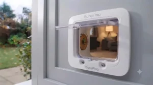 Modern design of the best magnetic cat flap for any wall or door. / Design moderne de la meilleure chatière magnétique pour tout mur ou porte.