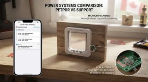 A smart microchip cat door connected to a mobile app with bilingual English and French settings for tracking pet habits in Canada.