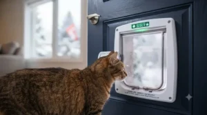 Smart microchip-activated cat door for exterior door programming selective access for indoor-outdoor felines.