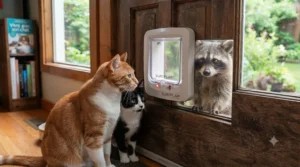Visual representation of a microchip cat door acting as a security barrier, preventing local wildlife or stray animals from entering a home.