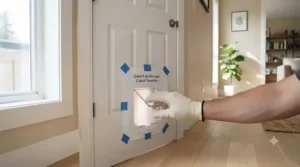 Aligning and taping the cutting template onto a wooden interior panel before installing a cat door for an interior door.