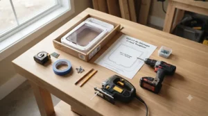 Essential tools and template laid out for installing a cat door for an interior door in a DIY home project.