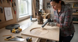 Tracing the pet door template and cutting out the opening with a jigsaw.
