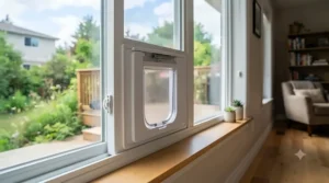 Vector illustration of an adjustable spring-loaded window cat door insert fitting seamlessly into a vertical sliding window.