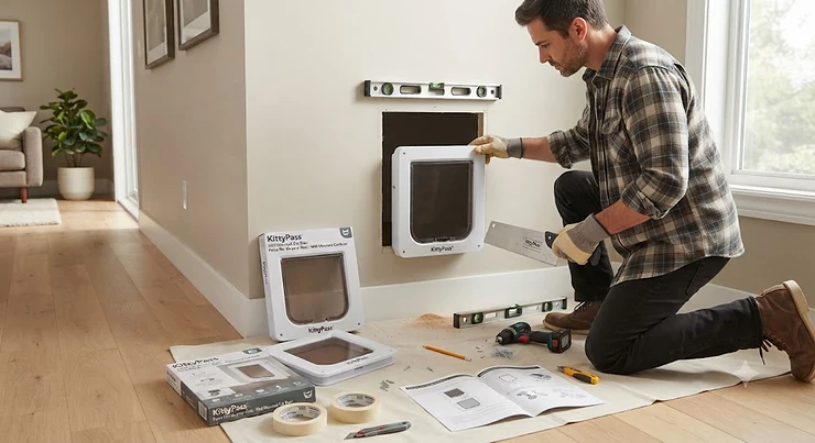 Modern wall-mounted cat door installed in a Canadian home interior, designed for space-saving indoor pet access. / Porte pour chat murale moderne installée dans un intérieur canadien.
