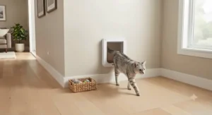 Step-by-step installation guide for a wall-mounted cat door, showing tools and safety alignment for Canadian residential drywall.