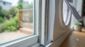Detailed graphic of weather-stripping seals around a window cat door to prevent moisture and cold air infiltration.