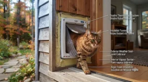 Cross-section view of a weather-sealed cat door for thick wall setups, featuring heavy-duty insulation for sub-zero temperatures.