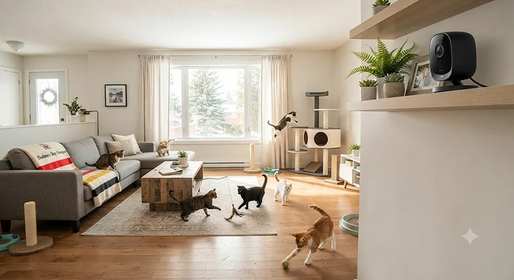 A 360 camera mounted in a modern Canadian living room providing full coverage for multiple cats playing. 360 camera for multi-cat households