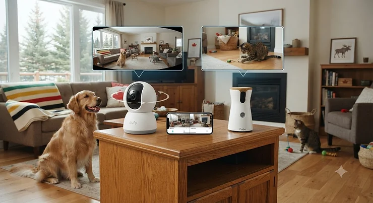 Comparison between a 360-degree camera and a fixed-lens pet camera in a Canadian living room.360 degree camera vs fixed lens pet camera