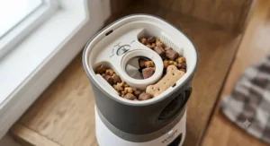 Open compartment of a treat dispensing pet camera showing adjustable sizing for dry kibble and treats.