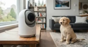 Close-up of an affordable pan-and-tilt dog camera monitoring a pet indoors.