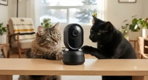 Close-up of a 360 camera tracking two curious cats interacting in a Canadian apartment.