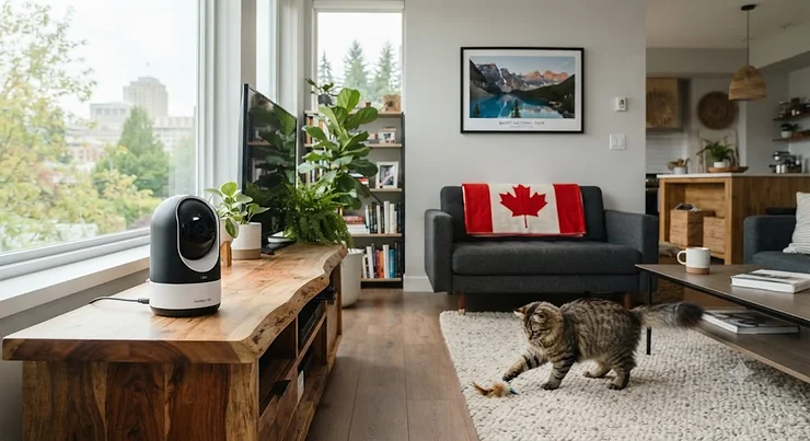 A sleek 360 pet camera under $150 CAD set up in a modern Canadian living room.