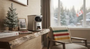 A sleek interactive camera for anxious cats displayed on a wooden shelf beside Canadian winter decor.