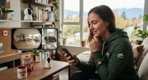 A Canadian pet owner checking a smartphone app to compare 360-degree camera coverage and fixed-lens pet camera feeds.
