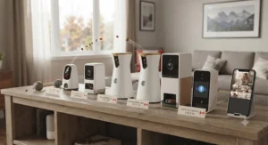 Various smart pet cameras and treat dispensers displayed on a shelf ready for Canadian pet owners.