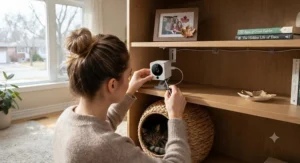 Easy installation of a night vision cat camera under $120 CAD on a living room shelf in Canada.