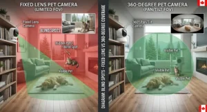 Diagram highlighting blind spots in a fixed lens pet camera compared to full room coverage by a 360-degree camera.