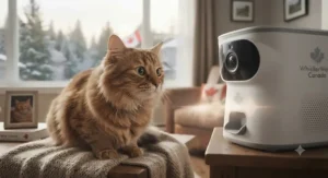A stressed tabby cat calming down while interacting with a smart pet camera lens and built-in speaker.