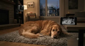 A golden retriever relaxing at home in Toronto monitored through a high-definition night vision pet camera.