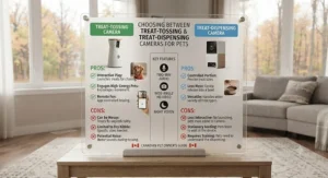 Infographic comparing the pros and cons of treat-tossing cameras versus treat-dispensing cameras for pets.