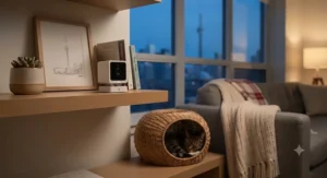 A sleek, compact night vision cat camera under $120 CAD blending seamlessly into modern Canadian apartment decor.