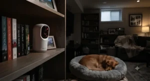 A compact night vision pet camera for basements placed on a bookshelf overlooking a pet bed.