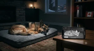 A German Shepherd sleeping comfortably while monitored overnight by an advanced infrared pet camera.