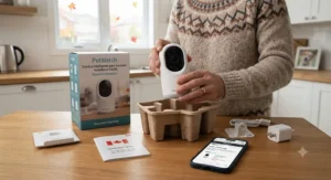 A homeowner unboxing an easy-to-install night vision pet camera for basements purchased online in Canada.