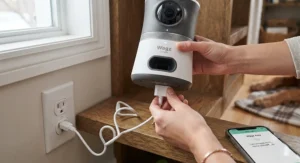 Close-up of a treat dispensing pet camera being plugged into an outlet during quick home Wi-Fi setup.