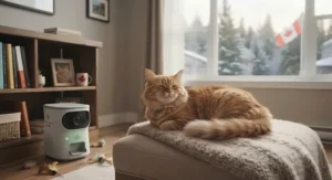 A relaxed and happy cat lounging near an interactive camera for anxious cats after a remote play session.
