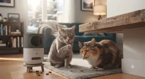 Two satisfied cats enjoying treats dispensed from an interactive smart camera.