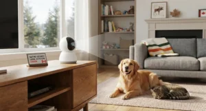 Happy dog and cat relaxing indoors while watched by a modern 360-degree pet camera system.