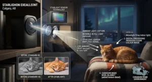 An explanatory infographic showing how starlight sensors in a night vision pet camera illuminate pets in low-light Canadian homes.