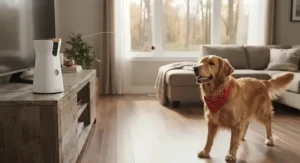 A treat-tossing pet camera launching a dog treat across a hardwood floor for a happy golden retriever.