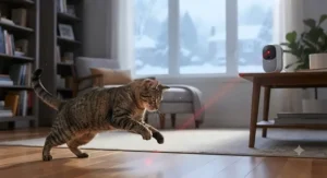 A cat chasing a red dot projected by an interactive camera for bored indoor cats during a snowy afternoon.
