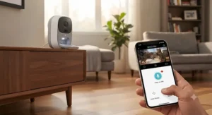 A smartphone screen displaying live controls for an interactive camera for bored indoor cats.