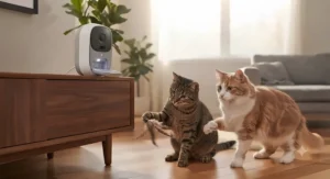 Two curious cats playing together in front of an interactive camera for bored indoor cats.