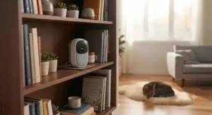 A sleek interactive camera for bored indoor cats sitting neatly on a bookshelf in a modern home.