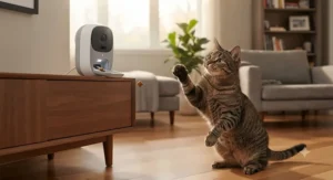 An interactive camera for bored indoor cats dispensing a dry treat to reward a curious tabby cat.
