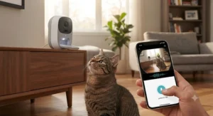 A pet owner speaking through an interactive camera for bored indoor cats via a smartphone app while away.