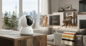 Close-up of a motorized 360-degree security and pet camera panning across a Canadian apartment.