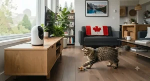 A pet owner speaking through a two-way audio pet camera to calm an anxious dog.