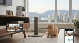 An indoor security and play device functioning as an interactive camera for anxious cats with an automated laser toy in Vancouver.
